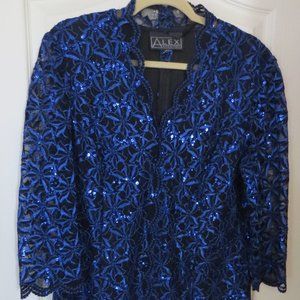 Alex Evenings Royal Blue and Black Lace Sequined Top Size XL